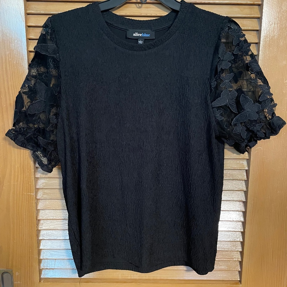 Alice Blue Blouse scrunch material with puff sheer black butterfly sleeves Large